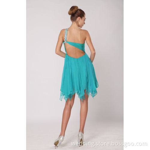 2015 Sweetheart One-shoulder Chiffon Prom Dresses Beading Short Evening Dresses